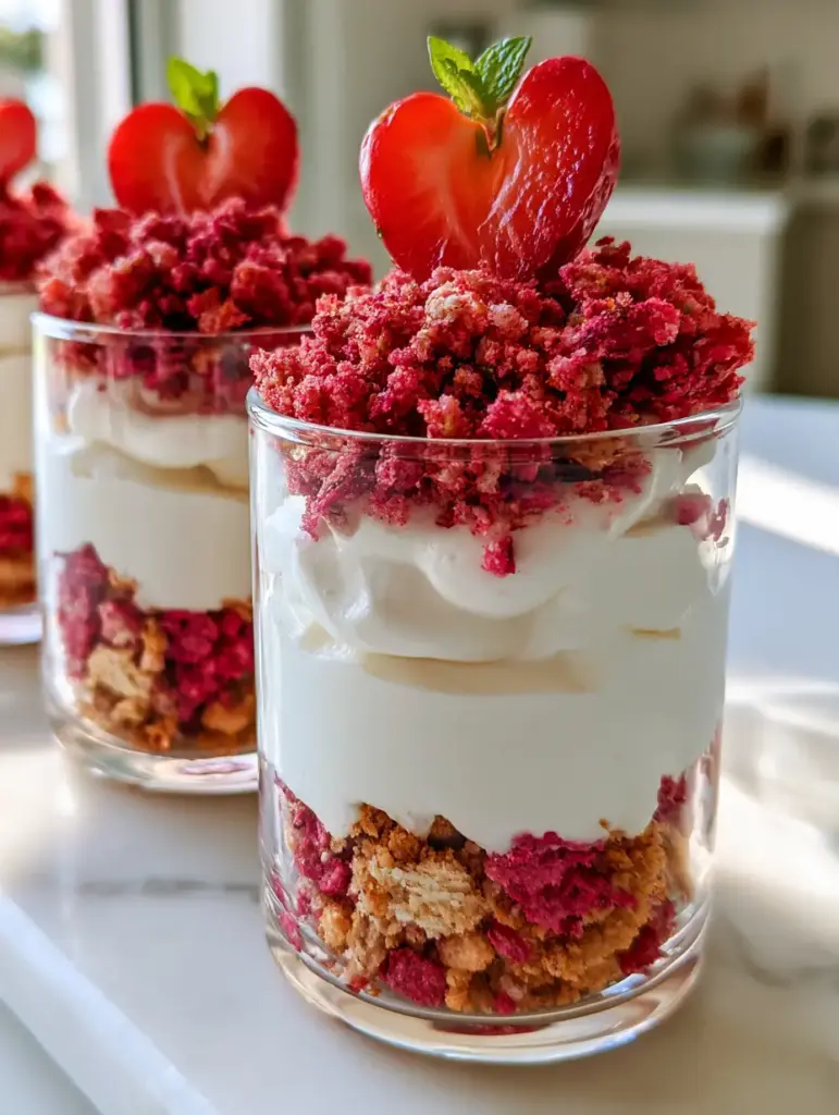 Elegant dessert shooters with heart-shaped strawberries and mint sprigs. (strawberry crunch dessert cups)