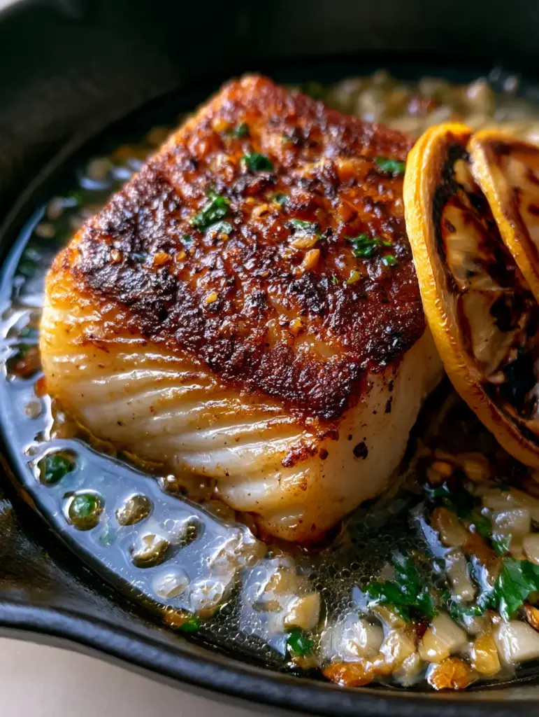 A seared cod fillet in a black cast iron skillet with charred lemon wheels and vibrant green parsley flakes in a translucent sauce.
