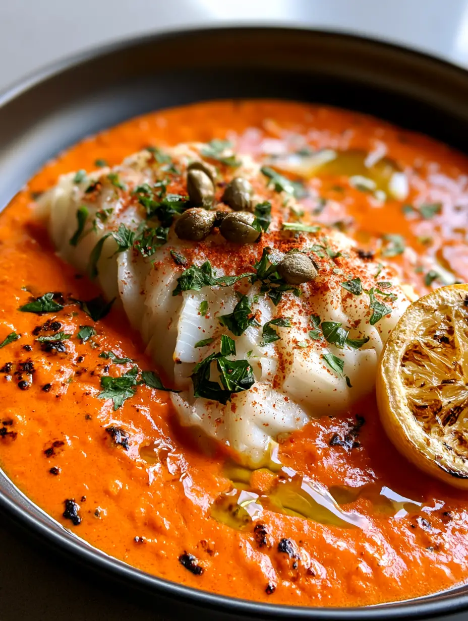 Extreme close-up of Cod in Roasted Red Pepper Sauce showing flaky fish texture and glossy orange-red sauce.
