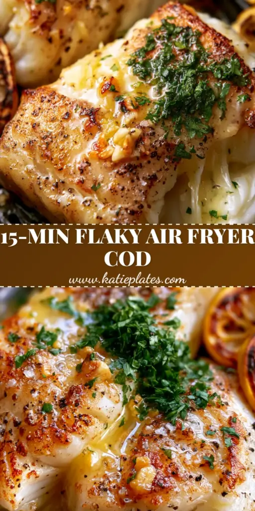 Fresh Cod Fish Recipe with Lemon Garlic Butter and Charred Citrus 4 A close-up vertical shot of air fryer cod fillets with golden crust and lemon garlic butter for the ultimate fresh cod fish recipe.