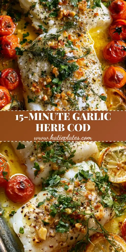 Top-down photo of succulent Cod with Tomato and Herb Butter on a grey sheet pan with blistered tomatoes and lemon wheels.