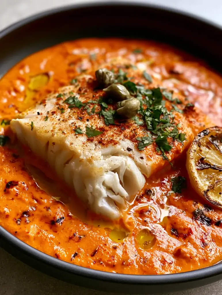 A pan-seared cod fillet partially submerged in thick roasted red pepper cream sauce with charred lemon.