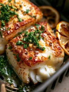 Extreme close-up of two thick Atlantic cod fillets with a golden-brown seared crust and melted garlic butter in an air fryer basket. (fresh cod fish recipe)