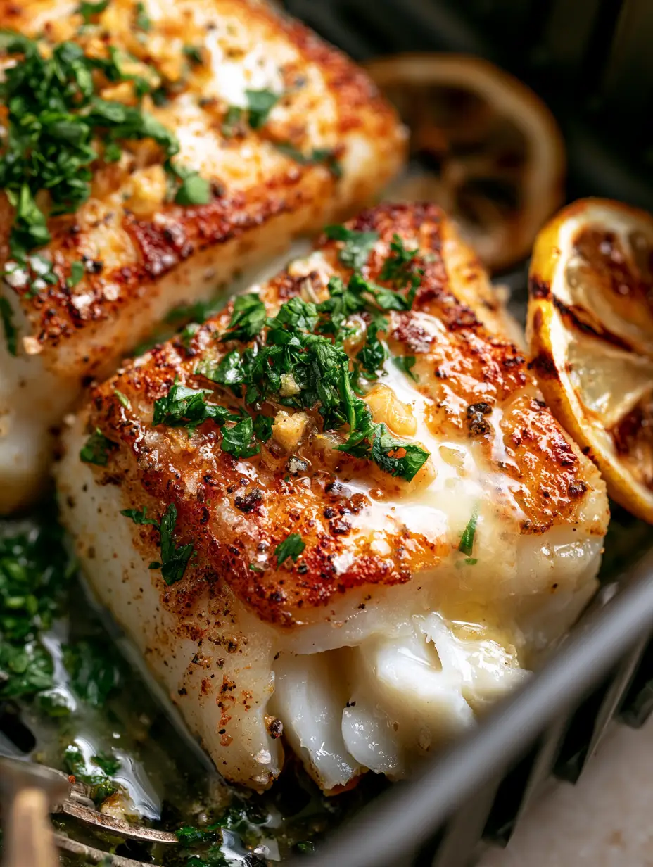 Fresh Cod Fish Recipe with Lemon Garlic Butter and Charred Citrus 3 Extreme close-up of two thick Atlantic cod fillets with a golden-brown seared crust and melted garlic butter in an air fryer basket. (fresh cod fish recipe)