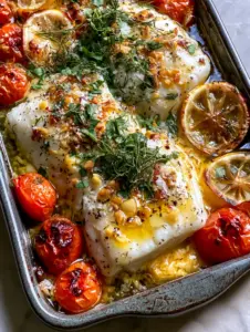 A close-up of flaky pearly white cod fillets glistening with golden garlic butter and fresh dill. (Cod with Tomato and Herb Butter)