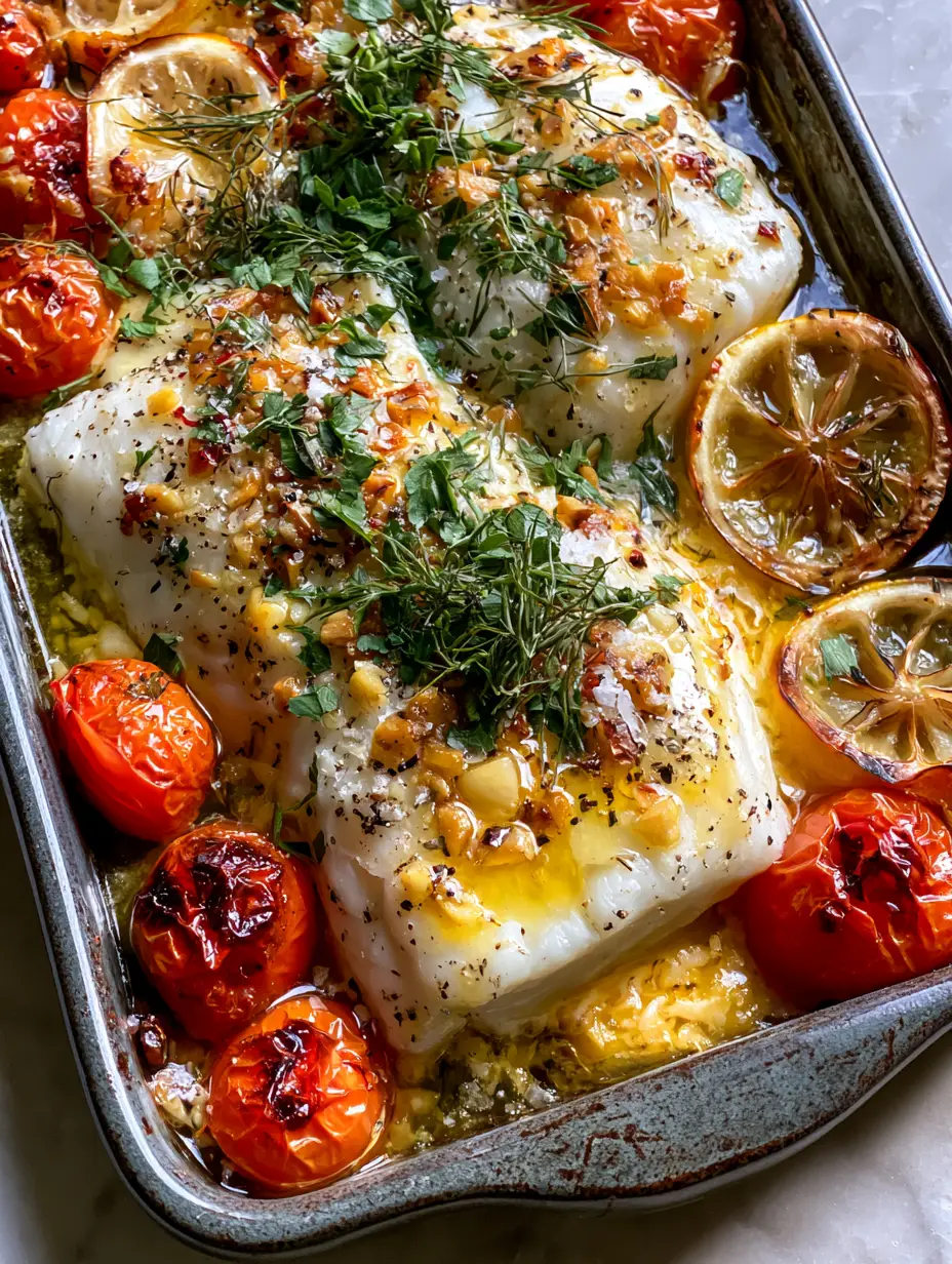 A close-up of flaky pearly white cod fillets glistening with golden garlic butter and fresh dill. (Cod with Tomato and Herb Butter)