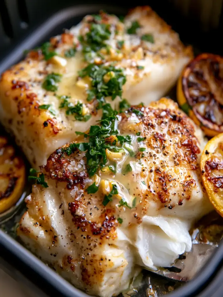 Fresh Cod Fish Recipe with Lemon Garlic Butter and Charred Citrus 1 A fork pulling apart a juicy, flaky white cod fillet topped with fresh parsley and sea salt crystals. (fresh cod fish recipe)