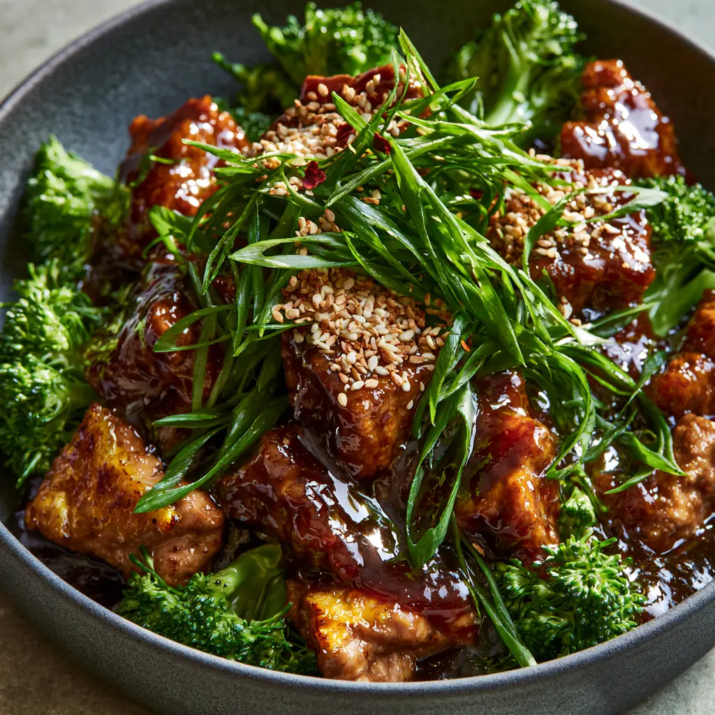 Plated Chinese chicken and broccoli with toasted sesame seeds and sliced scallions.