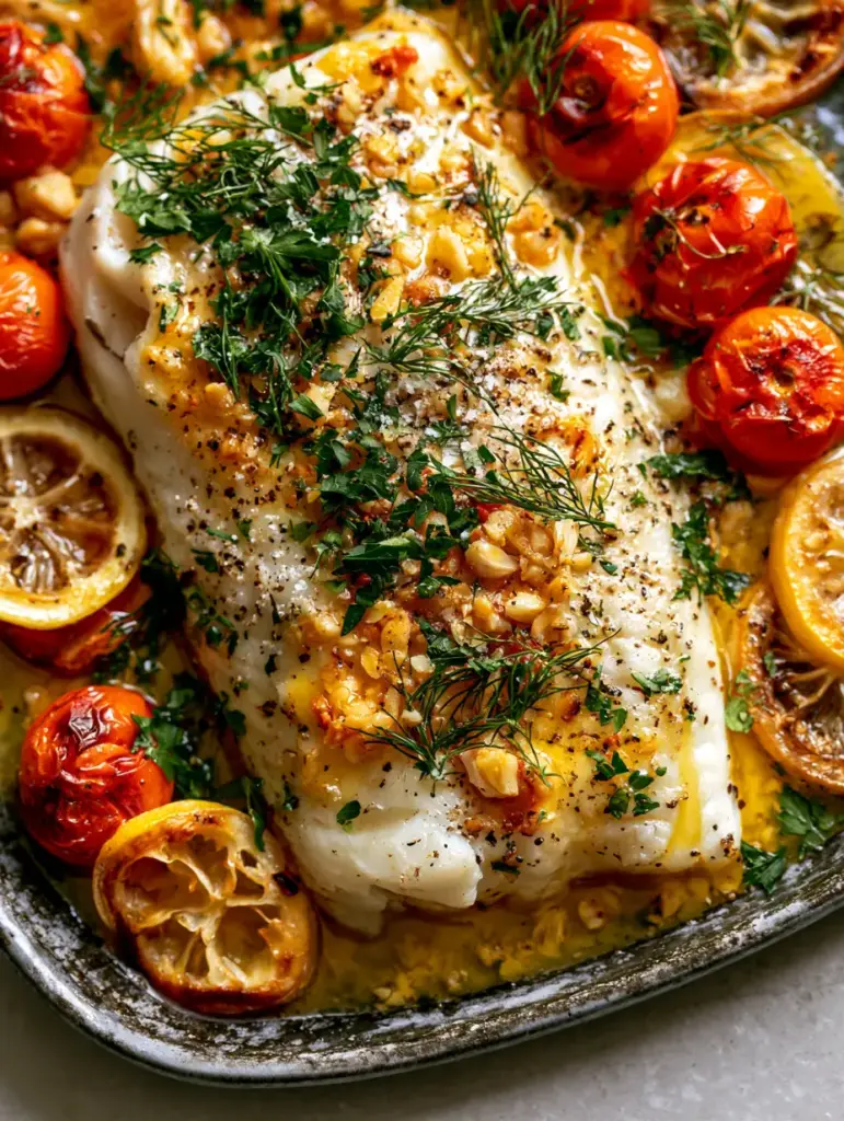Mediterranean Cod with Tomato and Herb Butter showing charred lemon wheels and blistered cherry tomatoes on a dark stone background.