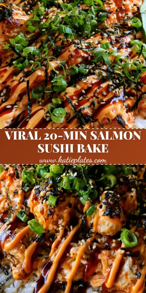 A top-down macro shot of a gourmet Spicy Salmon Sushi Bake in a white ceramic dish, featuring charred salmon, zigzag unagi sauce, and vibrant green onions.