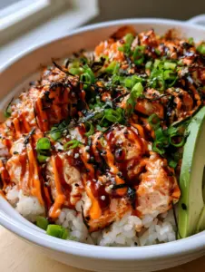 Close-up of Spicy Salmon Sushi Bake showing the pearlescent rice foundation and charred salmon peaks.