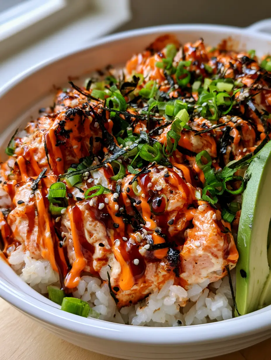 Close-up of Spicy Salmon Sushi Bake showing the pearlescent rice foundation and charred salmon peaks.
