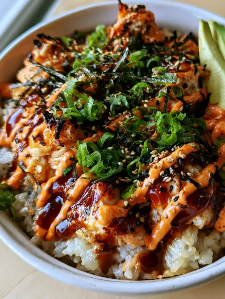 Top-down view of the Spicy Salmon Sushi Bake with intricate sauce drizzles and a scattering of toasted sesame seeds.