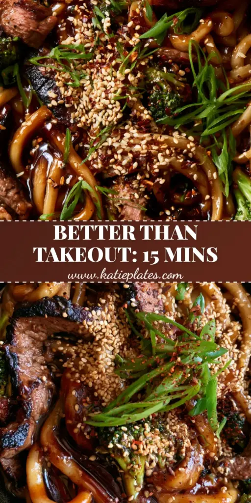 Easy Asian Dinner Recipes: One-Pan Mahogany Beef and Udon Stir-Fry 4 Top-down macro shot of steaming mahogany beef and broccoli stir fry with thick udon noodles in a cast iron skillet. (Easy Asian Dinner Recipes)