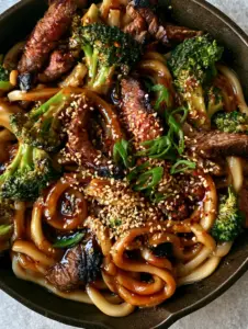 Macro view of thick udon noodles coated in dark mahogany honey-soy glaze with charred flank steak. (Easy Asian Dinner Recipes)