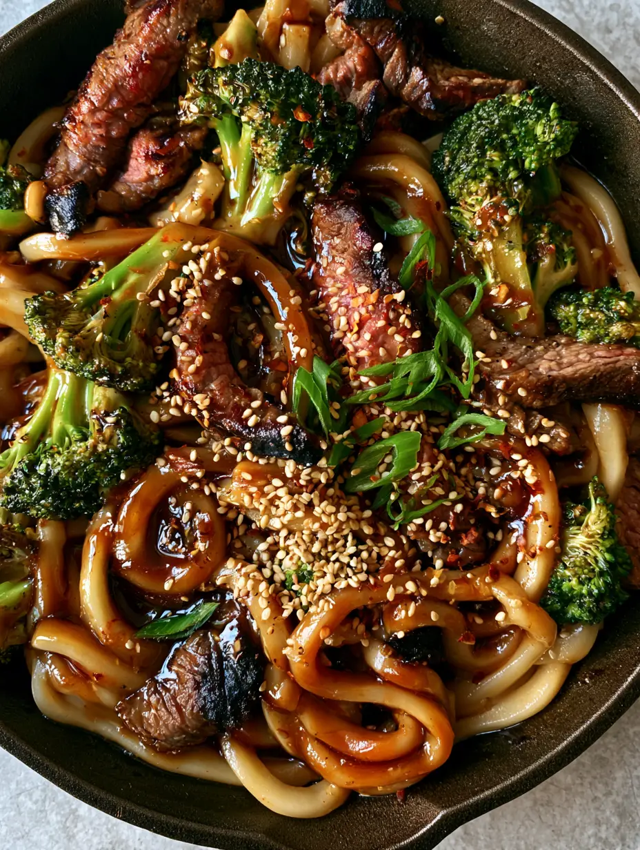 Easy Asian Dinner Recipes: One-Pan Mahogany Beef and Udon Stir-Fry 3 Macro view of thick udon noodles coated in dark mahogany honey-soy glaze with charred flank steak. (Easy Asian Dinner Recipes)