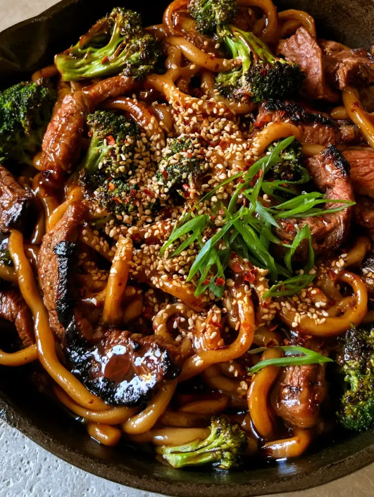 Easy Asian Dinner Recipes: One-Pan Mahogany Beef and Udon Stir-Fry 1 Steaming one-pan beef and broccoli stir fry in a seasoned black cast iron skillet on a stone background.
