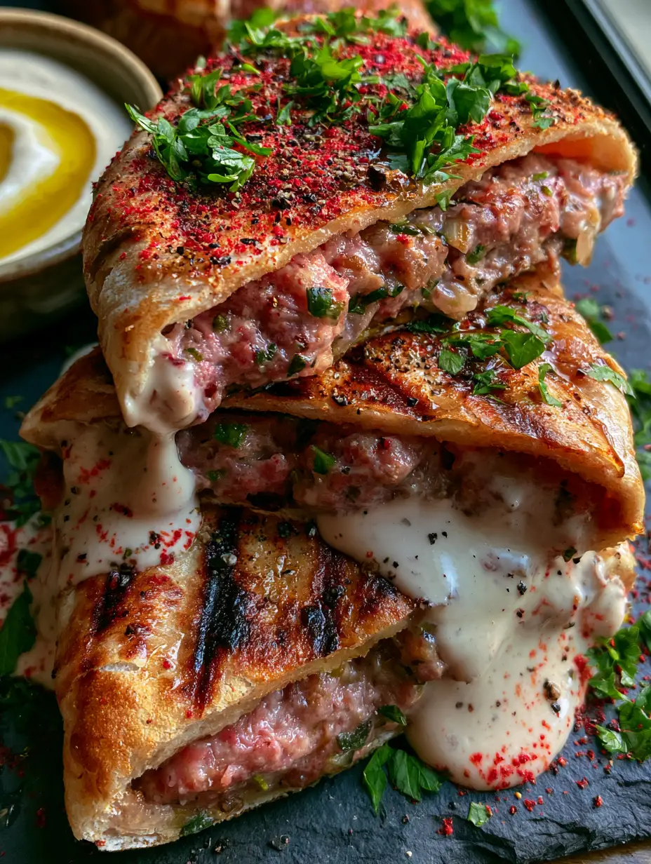 Extreme close-up of charred air-fried Arayes with visible kafta filling and tahini drizzle. (Arayes)