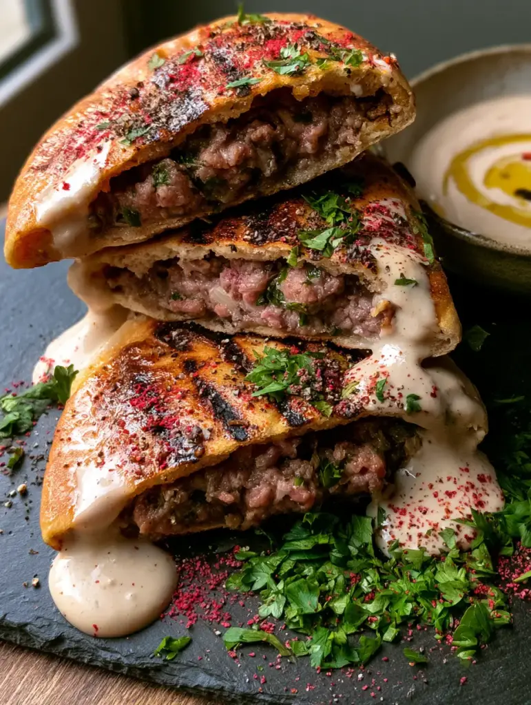 High-angle shot of Lebanese Arayes with sumac and parsley garnish on a dark slate board. (Arayes)