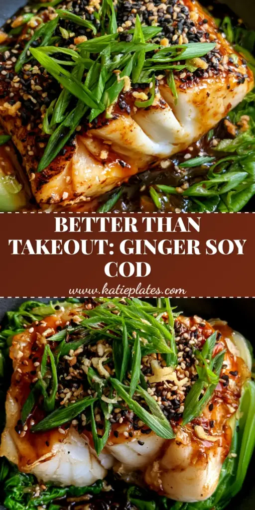 A professional top-down shot of pan-seared ginger soy cod resting on a bed of steamed bok choy in a dark bowl.