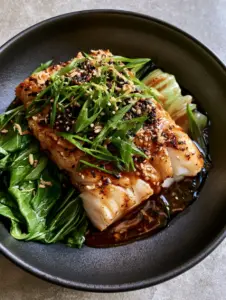 Close up of succulent white cod flakes under a dark amber ginger soy glaze. (ginger soy cod)