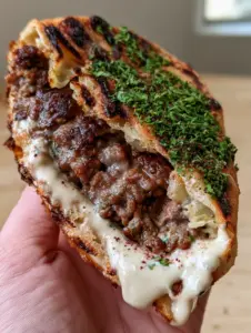 Extreme close-up of a Lebanese Arayes pita wedge with a shattered flaky crust and juicy beef filling. (Arayes recipe)