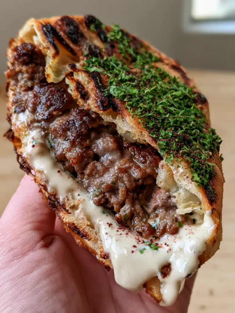 Arayes Recipe: Ultra-Crispy Air Fryer Lebanese Meat-Stuffed Pitas 2 Extreme close-up of a Lebanese Arayes pita wedge with a shattered flaky crust and juicy beef filling. (Arayes recipe)