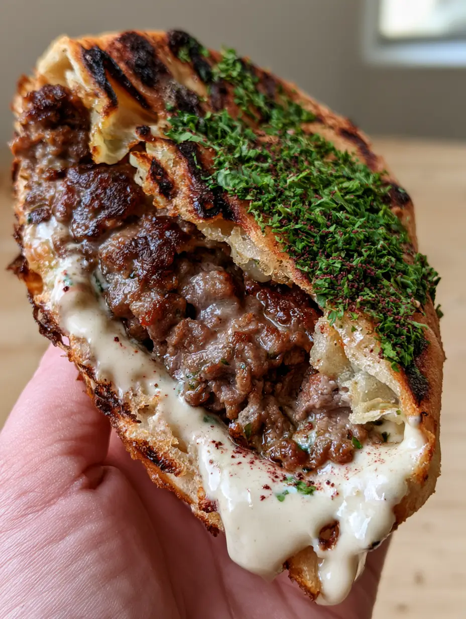 Arayes Recipe: Ultra-Crispy Air Fryer Lebanese Meat-Stuffed Pitas 3 Extreme close-up of a Lebanese Arayes pita wedge with a shattered flaky crust and juicy beef filling. (Arayes recipe)