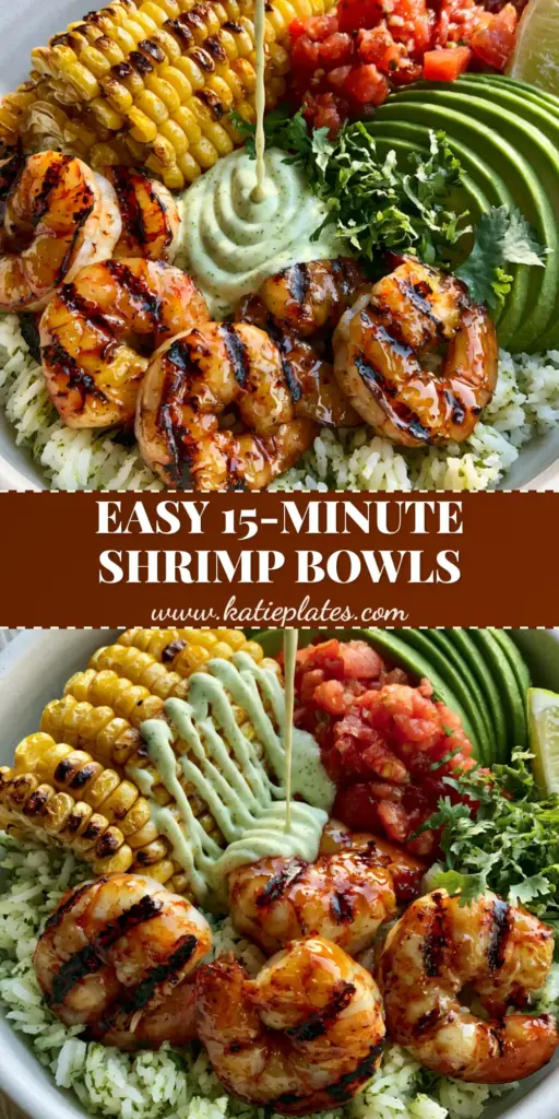 A vibrant grilled shrimp bowl featuring five jumbo shrimp with char marks over cilantro lime rice with avocado and corn.