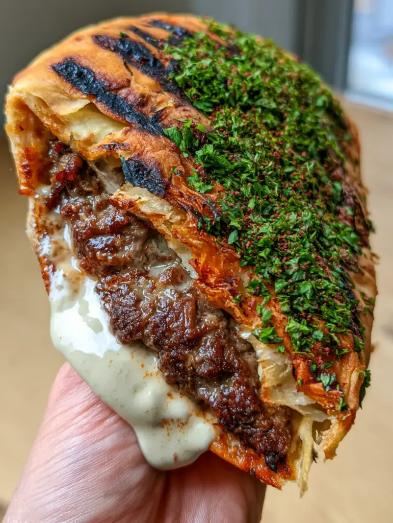 Arayes Recipe: Ultra-Crispy Air Fryer Lebanese Meat-Stuffed Pitas 1 Hand holding an Arayes wedge with tahini sauce dripping over the crispy edge and a dusting of sumac. (Arayes recipe)