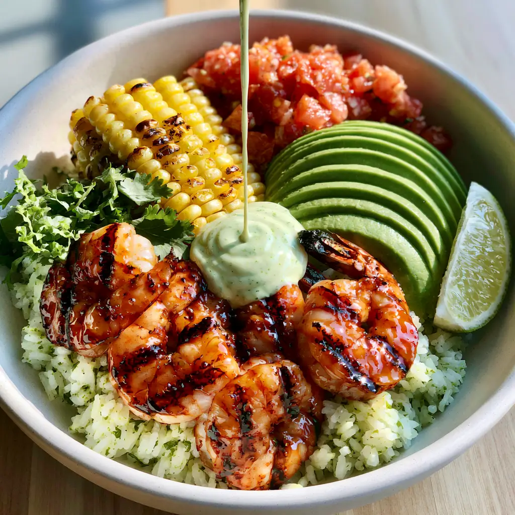 A smartphone photo of a grilled shrimp bowl highlighting the glossy lime glaze and fresh cilantro garnish.