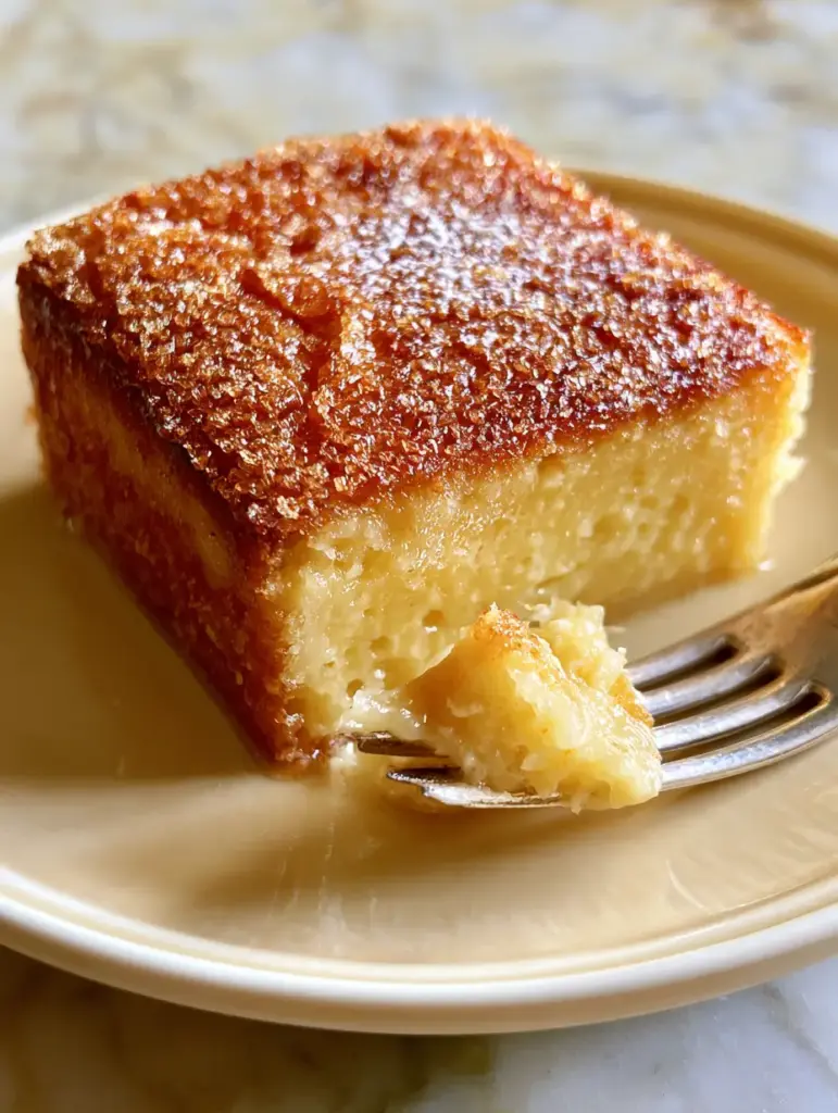 Macro shot of a French Butter Cake slice showing the moist, dense buttery yellow crumb and textured sugar crust. (French Butter Cake)