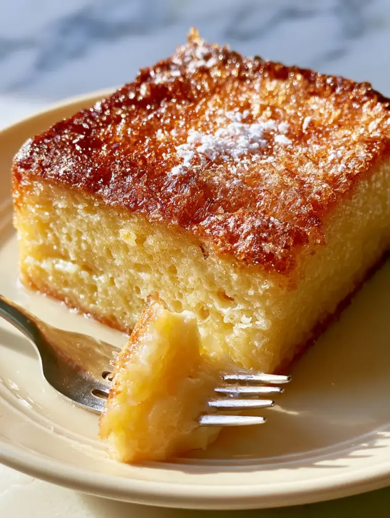 French Butter Cake with a Golden Crackly Sugar Crust 1 Silver fork lifting a bite from a French Butter Cake, revealing the soft center and crackly golden top. (French Butter Cake)