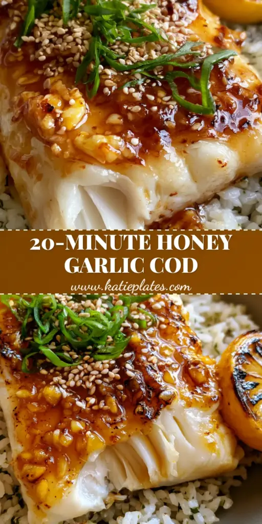Honey Marinated Cod with Glistening Garlic Glaze and Jasmine Rice 4 A top-down shot of honey marinated cod with a thick amber glaze on a bed of jasmine rice with a charred lemon.