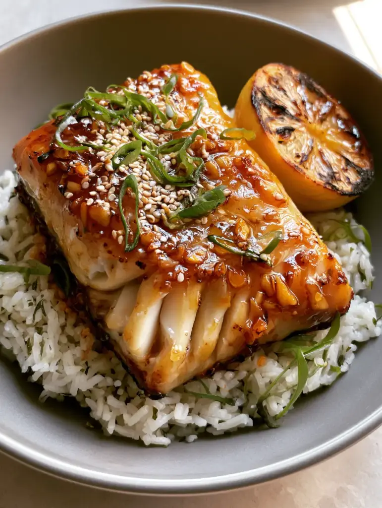 Honey Marinated Cod with Glistening Garlic Glaze and Jasmine Rice 2 Macro shot showing the large moist flakes of the honey marinated cod and the translucent amber glaze.
