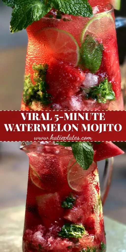 Watermelon Mojito: The Ultimate Refreshing Summer Pitcher Recipe 4 A tall glass pitcher of ruby-red watermelon mojito with crushed ice, lime wheels, and fresh mint garnish on a summer patio. (watermelon mojito)