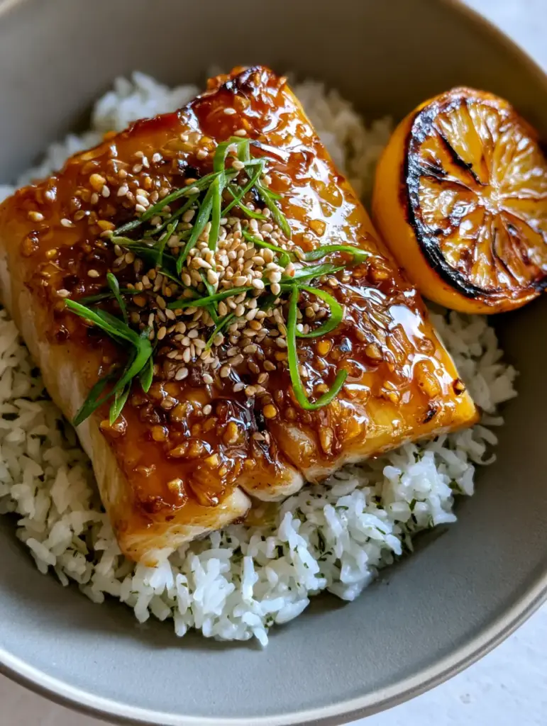 Honey Marinated Cod with Glistening Garlic Glaze and Jasmine Rice 1 Honey marinated cod in a matte grey bowl with scallions and caramelized garlic bits.