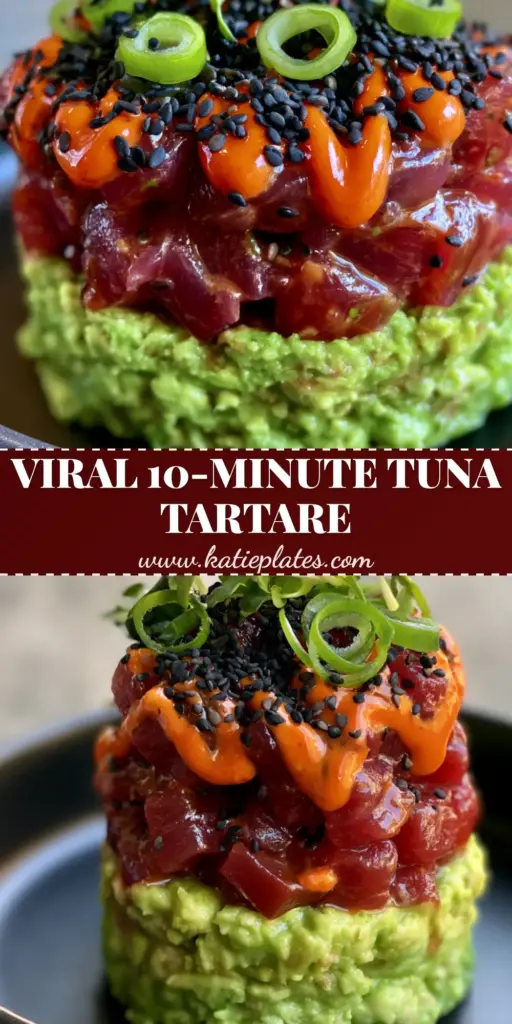 A towering gourmet tuna tartare with ruby-red ahi cubes stacked over a vibrant green avocado base, finished with sriracha mayo and micro-cilantro. (tuna tartare)