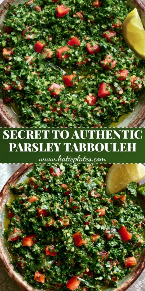 An overhead close-up shot of an authentic Lebanese tabbouleh recipe in a ceramic bowl, featuring finely minced parsley, mint, and 2mm tomato cubes.