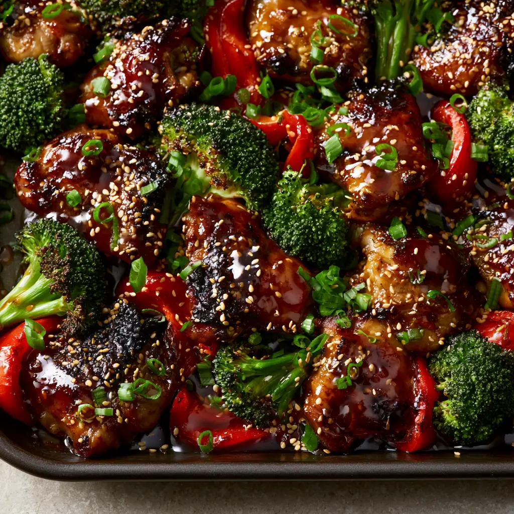 Gluten Free Teriyaki Chicken: The Ultimate Sheet Pan Guide to Sticky, Charred Perfection 1 Extreme close-up of seared chicken pieces and blistered red bell peppers in a dark rimmed pan.