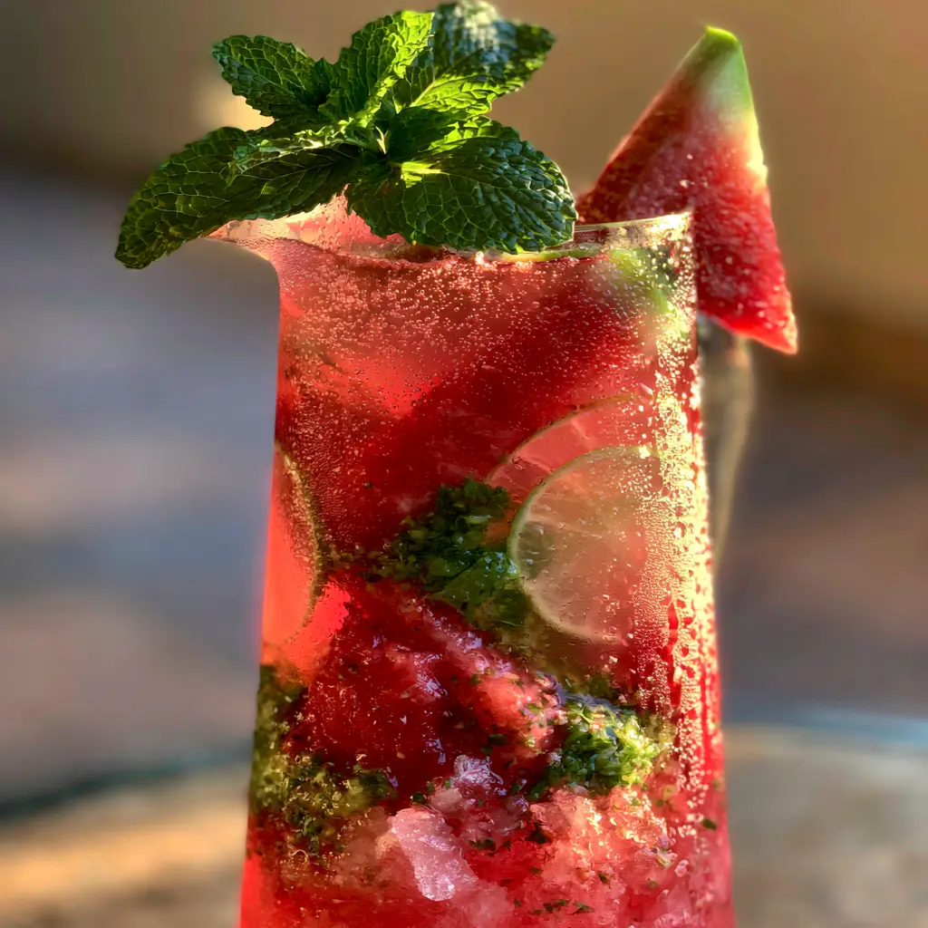 Watermelon Mojito: The Ultimate Refreshing Summer Pitcher Recipe 1 A handheld smartphone photo style shot of a watermelon mojito with a thick sugar rim and fresh mint sprig.