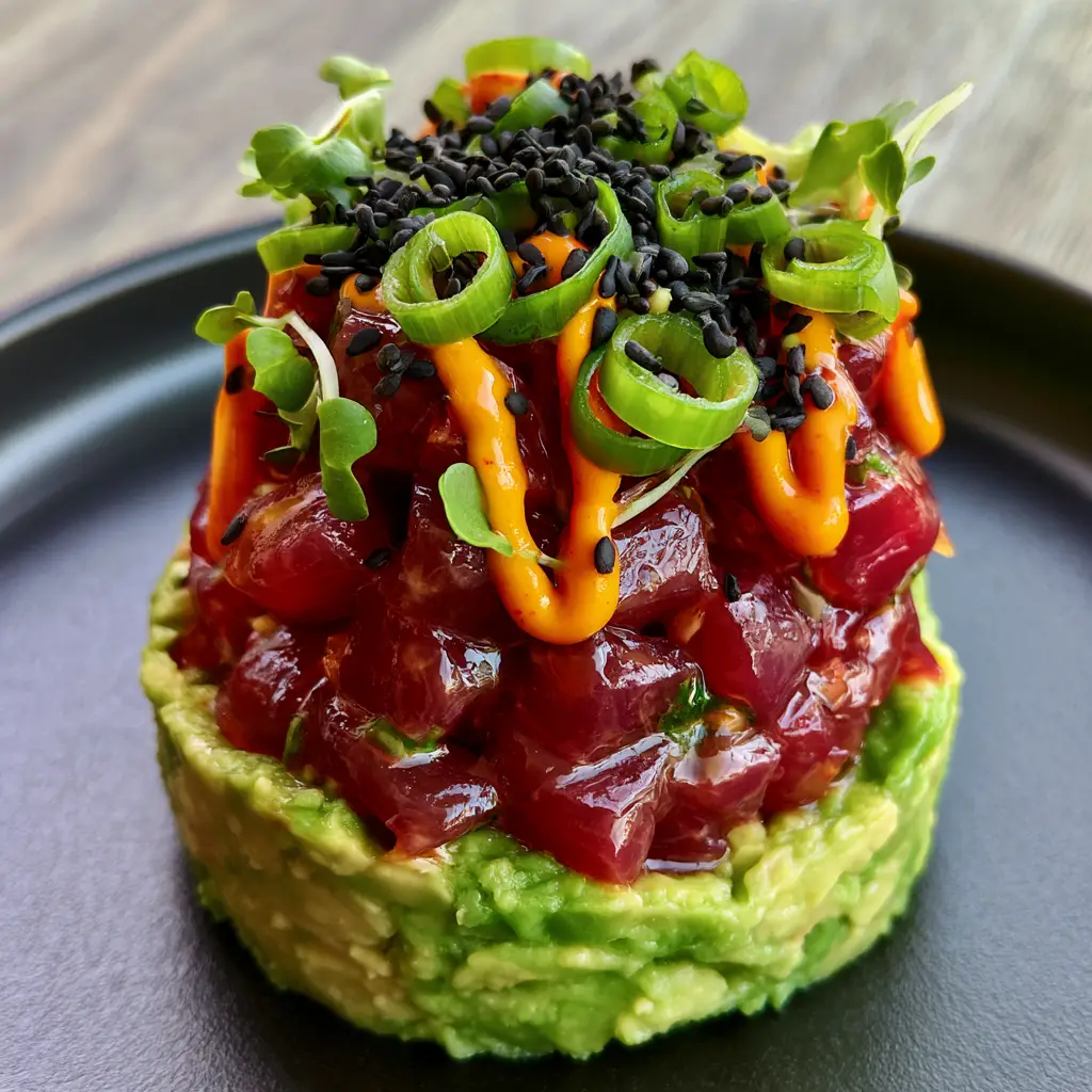 Close up of a thick sriracha mayo drizzle over fresh tuna tartare with black sesame seeds and scallions.