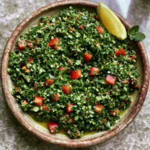 Close-up of fluffy minced parsley and mint with tiny tomato cubes in a Lebanese tabbouleh recipe.