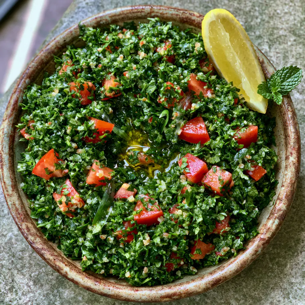 A mountain-like serving of Lebanese tabbouleh recipe with a lemon wedge garnish on the rim.