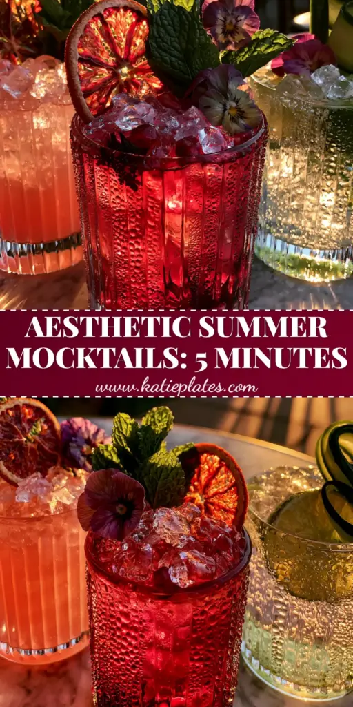Summer Mocktails: 3 Botanical Ribbed Glass Masterpieces 3 A trio of summer mocktails in ribbed glassware with crushed ice, dehydrated blood orange, and edible pansies on a marble table. (summer mocktails)