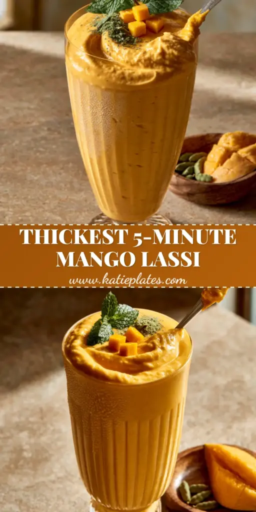 Mango Lassi: The Ultimate Velvety Kesar Yogurt Drink Recipe 4 A tall ribbed glass of thick mango lassi garnished with mint and mango cubes on a stone countertop.