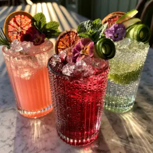 Overhead shot of pink and ruby summer mocktails with heavy condensation beads and rosemary garnishes. (summer mocktails)