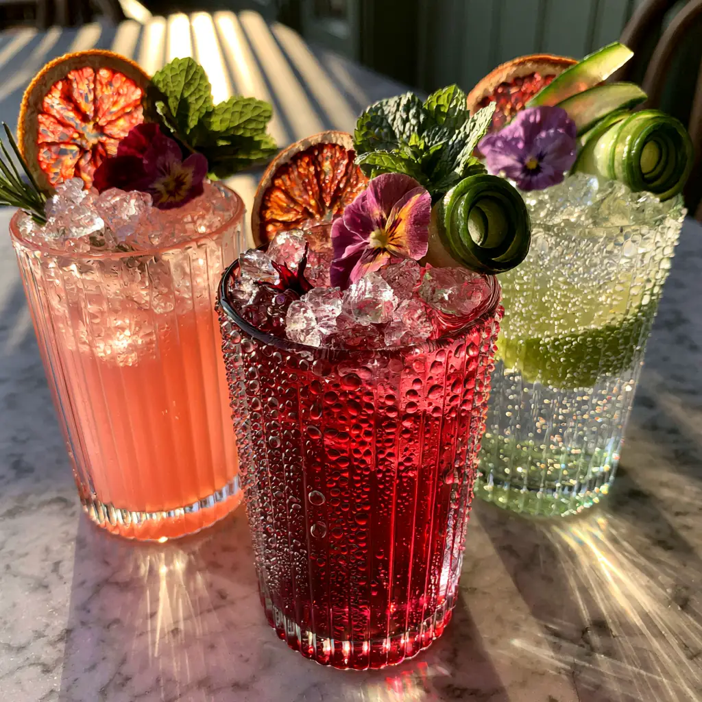 Overhead shot of pink and ruby summer mocktails with heavy condensation beads and rosemary garnishes. (summer mocktails)