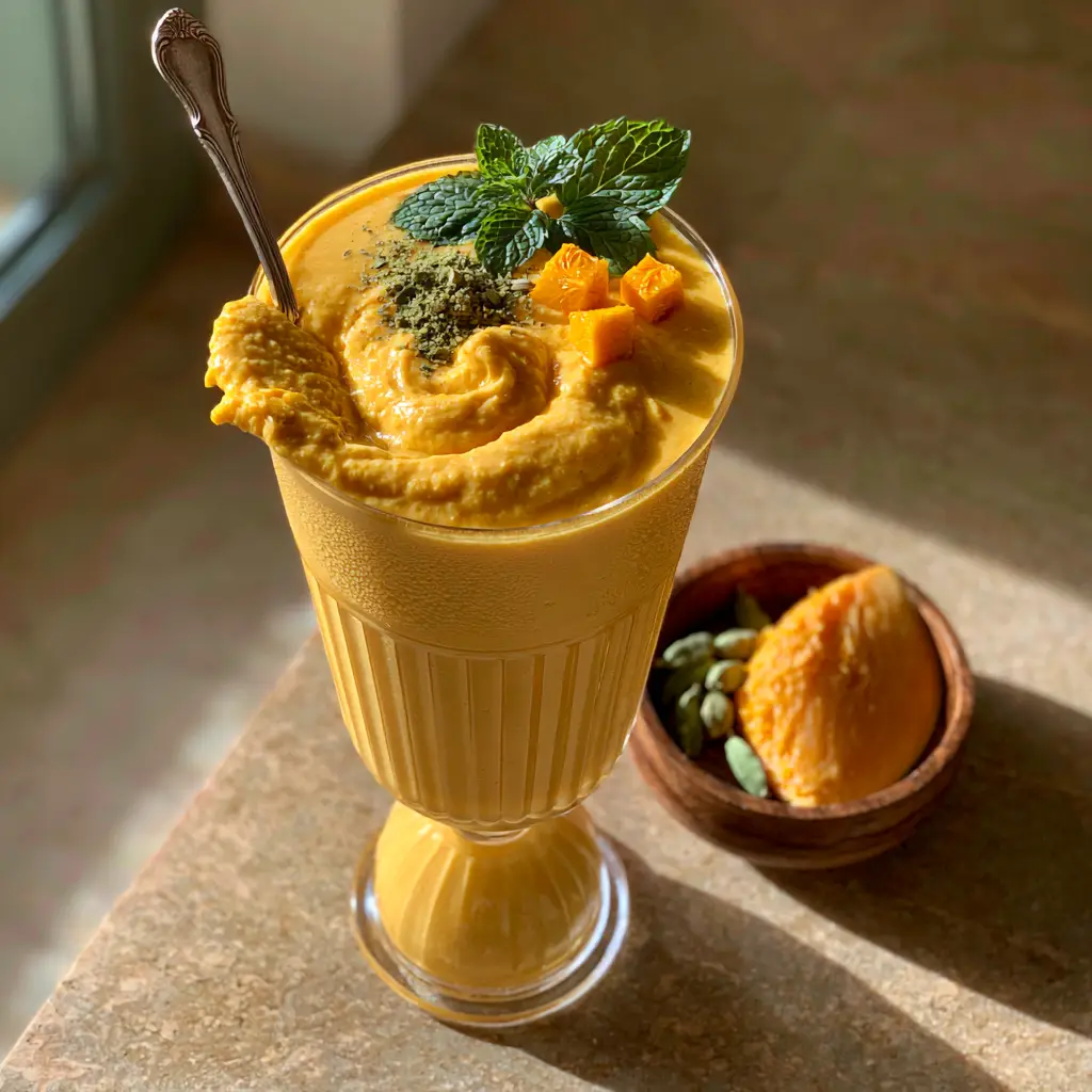 Mango Lassi: The Ultimate Velvety Kesar Yogurt Drink Recipe 1 Top view of mango lassi garnished with three mango cubes, mint leaves, and ground cardamom.