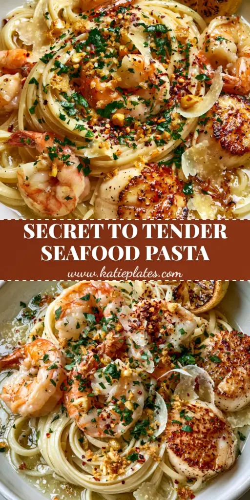 Seafood Pasta Recipe with Seared Scallops and Garlic Wine Sauce 4 A close-up of a seafood pasta recipe featuring al dente linguine, golden seared scallops, and pink shrimp in a white ceramic bowl. (Seafood pasta recipe)